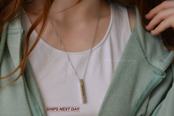 Personalized Vertical Bar Pendant Jewelry • Birthday Anniversary Custom Laser 3D Name Tag • Gold Silver Necklace WATERPROOF Gift for Him Dad