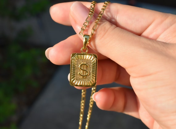 Gold Dollar Sign, Dollar Symbol Pendant, Money Necklace, Square Medallion, Silver Dollar Mens Necklace, Gold Filled Chain, WATERPROOF