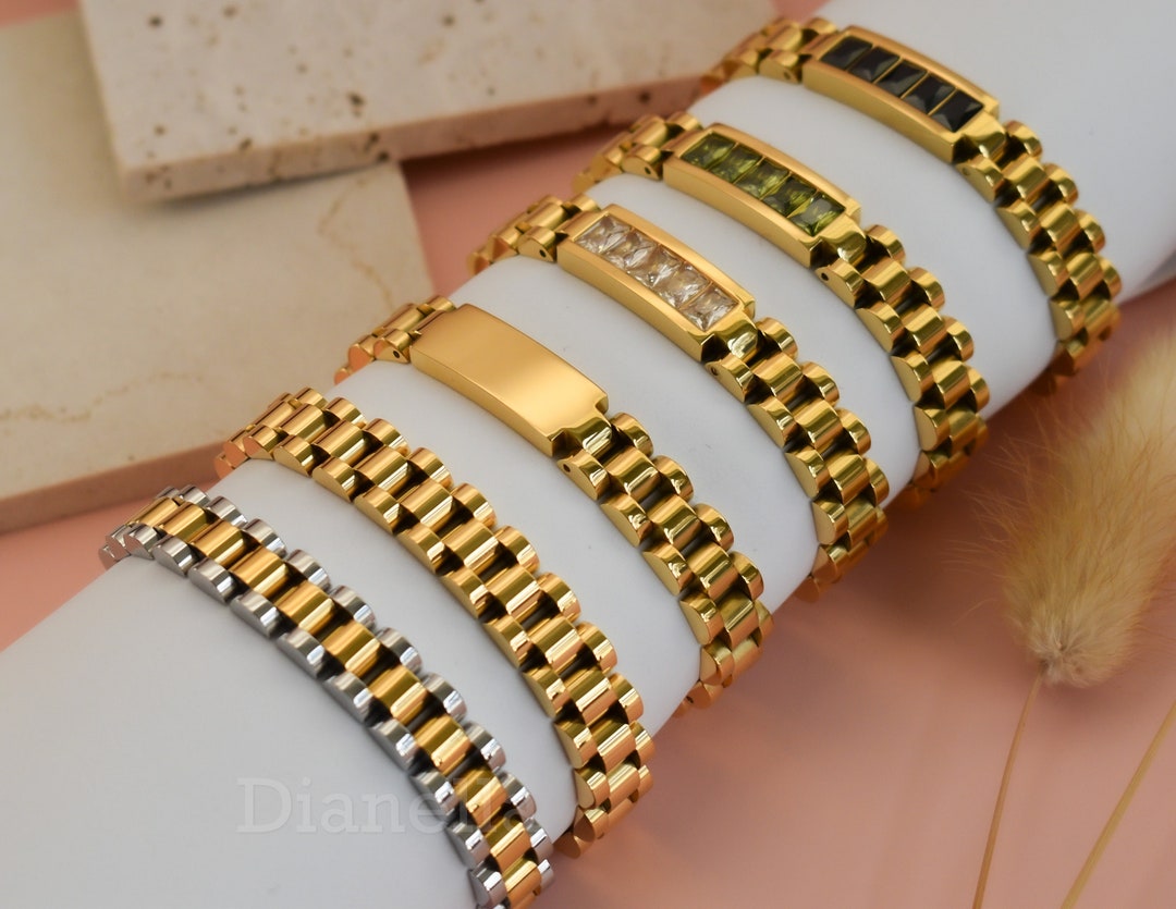 18K Fine Polished Gold Watch Band Bangle Watch Bracelet Jewelry for Men