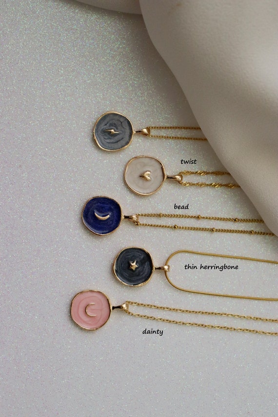 18K Gold Color Coin Necklace Heart Necklace Enamel Stars Moon Necklace Heart Lightning Round Pendant Necklace Chain Necklace Waterproof Gift