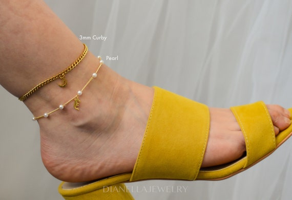 Gold Old English Letter Initial Anklet · Figaro Twist Bead Anklet Cable Curb Chain Custom Name Ankle Bracelet Body Pool Beach Her Jewelry