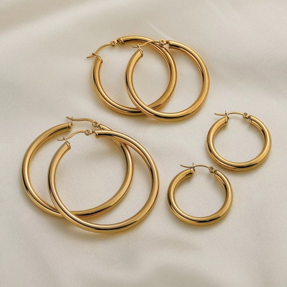 18K Gold Stainless Steel Big Circle Hoop Earrings Geometric WATERPROOF Earring, Hoop Earrings Anti Tarnish Jewelry Gold Best Gift for Women