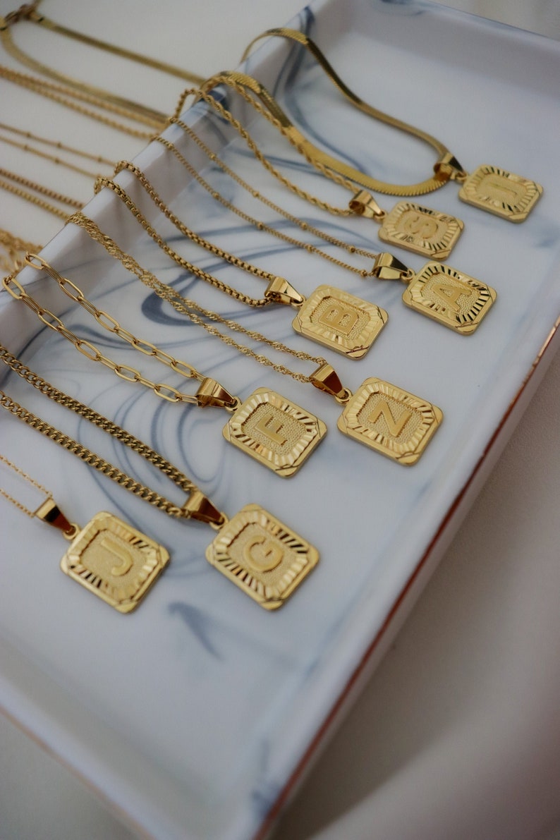 18K Gold Initial Letter Necklace, Medal Gold Initial Letter Pendant Necklace, Square Alphabet Rectangle Medallion Pendant, Personalized 