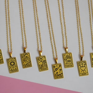 GOLD Square Zodiac Sign Tarot Card Deck Necklace Jewelry Sun Fortune Star Moon Stainless Waterproof NonTarnish Mystic Jewelry, Celestial