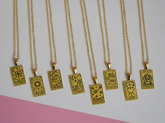 GOLD Square Zodiac Sign Tarot Card Deck Necklace Jewelry Sun Fortune Star Moon Stainless Waterproof NonTarnish Mystic Jewelry, Celestial