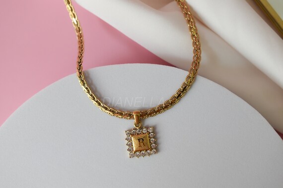 GOLD FILLED Initial Letter Necklace, Crystal Initial Necklace, Vintage Style Necklace, Handmade Crystal Stone Pendant Necklace, Gift for Her