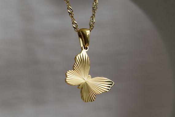 18K GOLD Butterfly Wings Necklace Frame Bar Striped Shine Necklace Bright Pendant Charm Necklace WATERPROOF Jewelry Gift for Her Mom Women