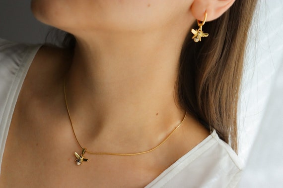 Gold Bee Earrings Bee Necklace Set · Charm RhineStone Fly Insect Jewelry Gift Non Tarnish Gold Minimalist Handmade Gift For Her Women Mom