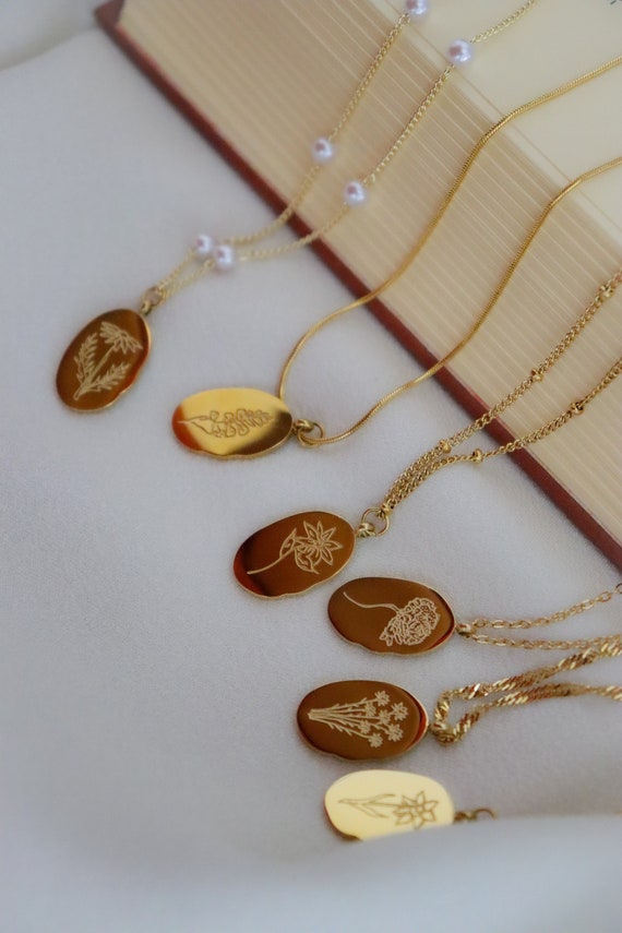 Gold Birth Flower Necklace, Floral Necklace, Flower Necklace  Dainty Pearl Bead Herringbone WATERPROOF Jewelry Christmas Gift Present