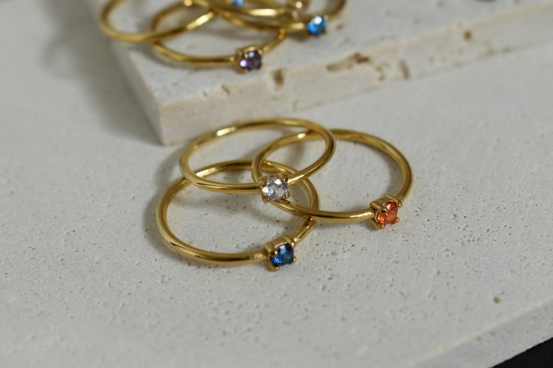 Gold Filled Birthstone Rings, Stacking Ring, Small Minimalist Ring, Zodiac Birthstone Jewelry Brilliant Stone Women Gift for Her WATERPROOF image 2
