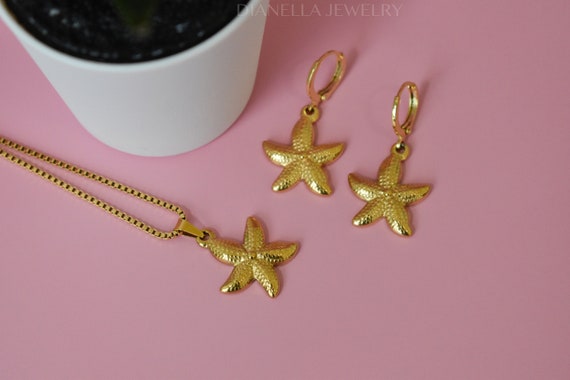 Gold Starfish Necklace Earrings Jewelry Sets Wedding Bridesmaid Brides Beach Pendant WATERPROOF Vacation Minimalist Stainless Steel Necklace