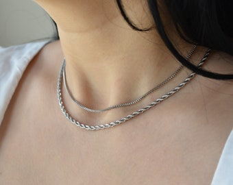 Silver Necklace Layered Set · Sterling Silver Multi Layer Layering Necklace Silver Multi Strand Chain Necklace, Her WATERPROOF Jewelry Gift