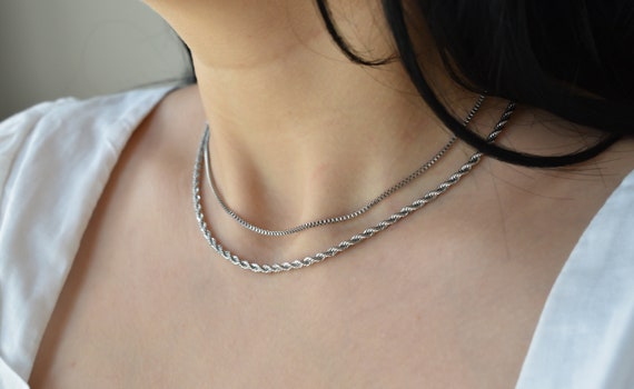 Silver Necklace Layered Set · Sterling Silver Multi Layer Layering Necklace Silver Multi Strand Chain Necklace, Her WATERPROOF Jewelry Gift