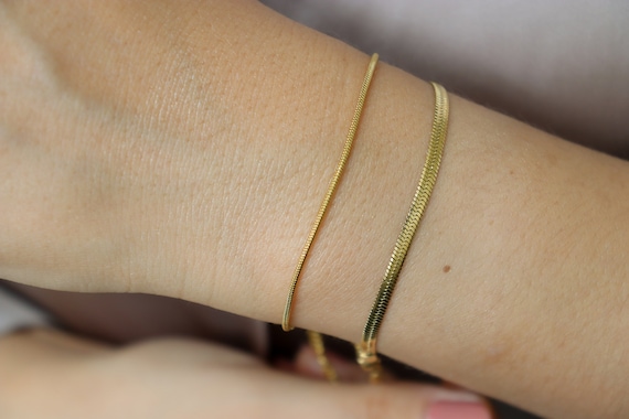 18K Gold Snake Chain Bracelet · Herringbone Chain Bracelet Anklet SET Stainless Steel WATERPROOF Jewelry Daily Minimalist Gold Bracelet Gift