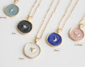 Tarot Coin Necklace · Heart Star Moon Heart Lightning Enamel Round Pendant Gold Filled Chain Necklace · Waterproof Daughter Kids Girl Gift