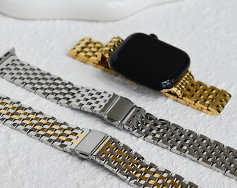 Stainless Steel Apple Watch Band Strap, iWatch 9/8/7/6/5/4/3/SE Apple Watch Bands 38 40 41 42 44 45mm, Silver, Two Tone Strap