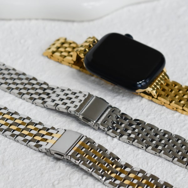 Stainless Steel Apple Watch Band Strap, iWatch 9/8/7/6/5/4/3/SE Apple Watch Bands 38 40 41 42 44 45mm, Silver, Two Tone Strap