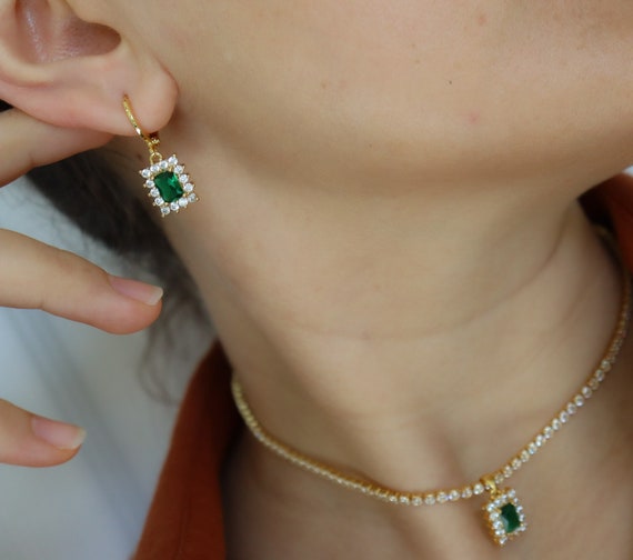 Gold Filled Turquoise Topaz Blue Sapphire Crystal Stone Necklace Earrings SET · Choker Hoop Earrings waterproof Bts Custom Best Gift for Her