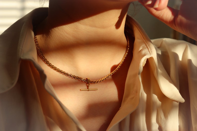 18K GOLD FILLED Vintage Choker Necklace Women Mesh Choker T Bar Charm WATERPROOF Gold Gift Jewelry Non Tarnish Gemstone Zircon Necklace image 9
