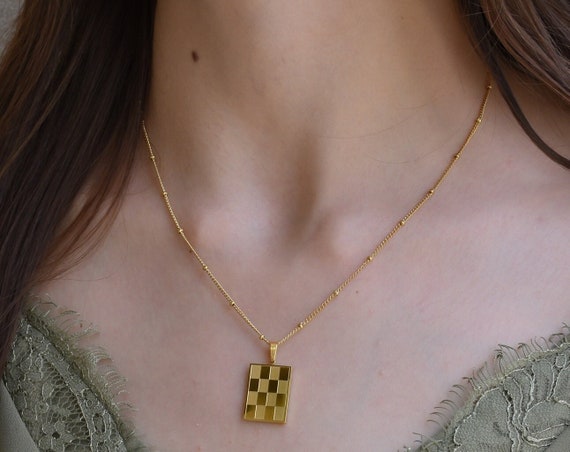 Gold Checker Necklace, Gold Retro Filled Chain Necklace, Engraved Custom Waterproof Gifts Rectangle Chess Board Pendant Her Women Jewelry