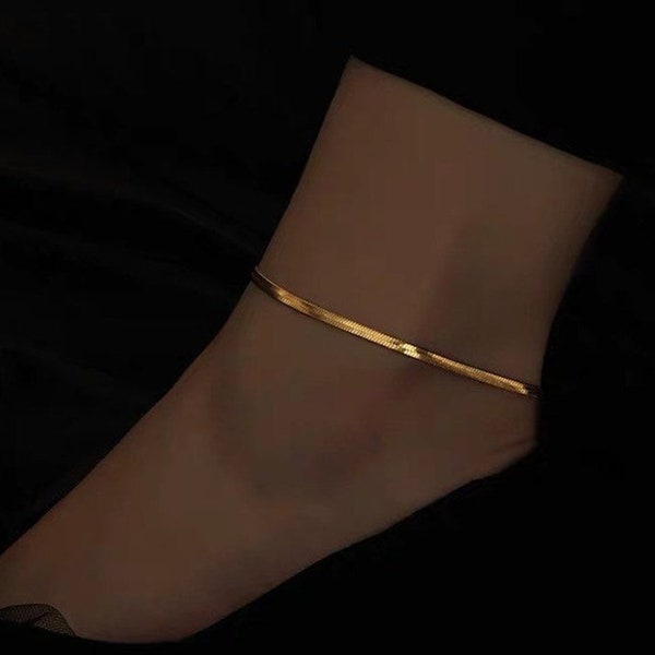 18K Gold Herringbone Snake Chain Anklets For Women Stacking Gold over 316L Stainless Steel WATERPROOF Anklet Handmade Women Her Body Jewelry