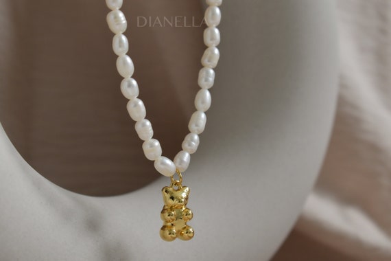 Pearl Necklace With Gold Bear Small Charm Necklace Crystal Bear, Butterfly  Necklace, Pearl Choker, Pearl Chain Women Necklace WATERPROOF - Etsy