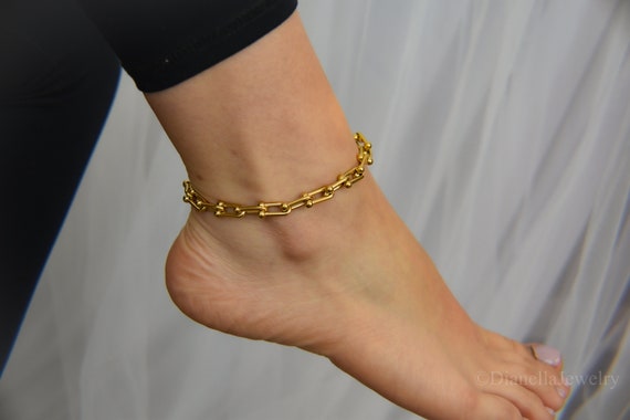 Gold Anklet for Women Men Ankle Bracelets Square Pendant Letter