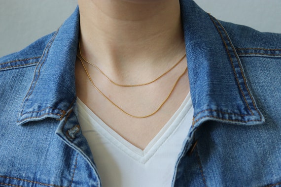 18K Gold Double Layered Snake Chain Herringbone Stacking 1mm Necklace WATERPROOF Anti Tarnish Gift for Her Woman Hypoallergenic Jewelry