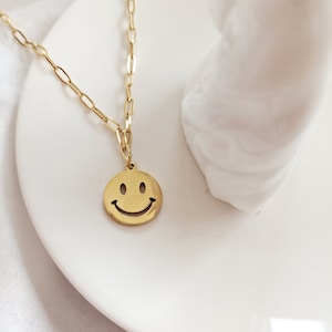 18k Gold Smiley Face Necklace · Happy Face Emoji Pendant Necklace Charm Women Layered Necklace Emoji Handmade WATERPROOF Gold Her Girl Gift