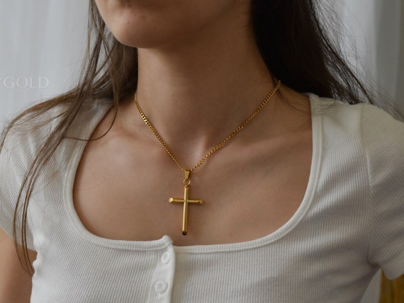 18K Gold Cross Necklace Gold Religious Cross Charm for Women Men Gift Necklace Stainless Steel Pray Pendant Crucifix Non Tarnish Jewelry