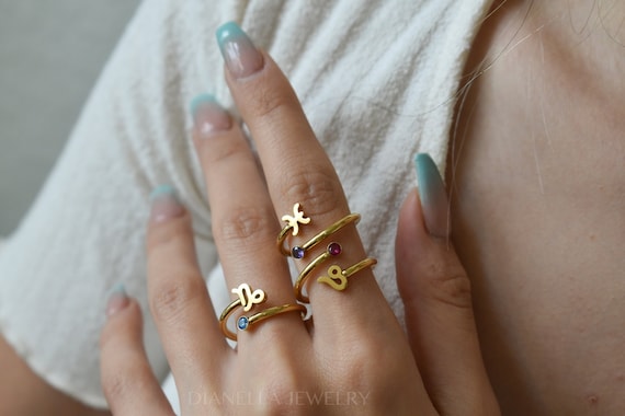 Zodiac Birthstone Birthday Rings · Gold Adjustable Ring, Zodiac Jewelry Birth Month Rings, Stacking Rings WATERPROOF Tarot Ace Birth Sign