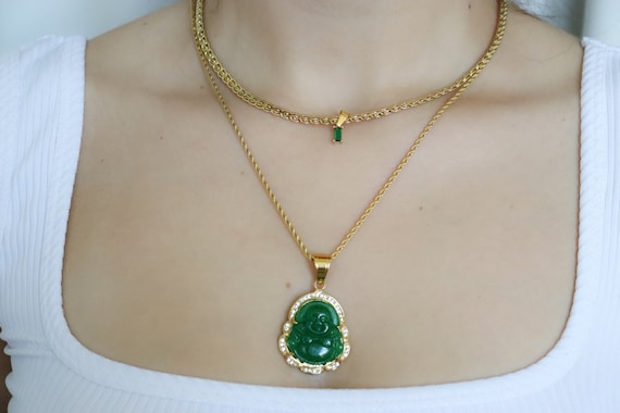Green Buddha Necklace, Vintage Choker Set Buddhism Chinese Evergreen Green Emerald Jade Buddha Necklace Buddha Peridot Waterproof Jewelry