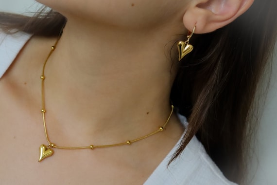 Gold Filled Heart Earrings Necklace SET · Gold Vintage Jewelry Gold Woman Choker Waterproof Necklace Solid Heart Christmas Women Her Gift