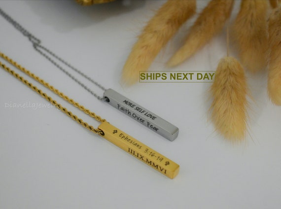 Personalized Vertical Bar Pendant Jewelry • Coordinate Address Birthday Custom Engraved Gifts • Gold Silver Necklace WATERPROOF Non Tarnish