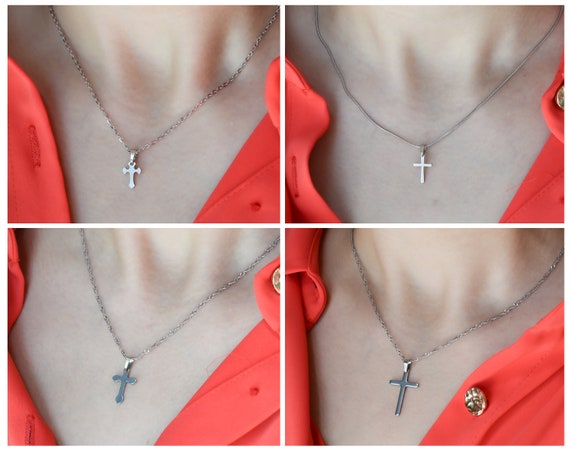 Sterling Silver Cross Necklace, Silver Chain Necklace, Small Cross Charm, Mens Cross Necklace, Kids Cross Necklace, WATERPROOF Necklace