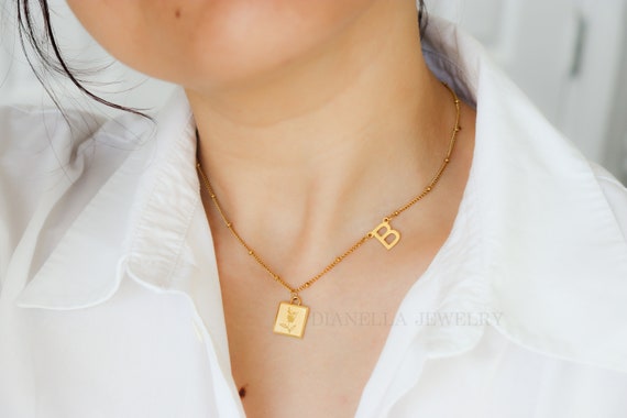 Gold Initial Necklace Flower Pendant Gold Bead Chain Pearl Twist Chain Gold Charm Gold Chain Necklace Waterproof Jewelry Gift for Her Him