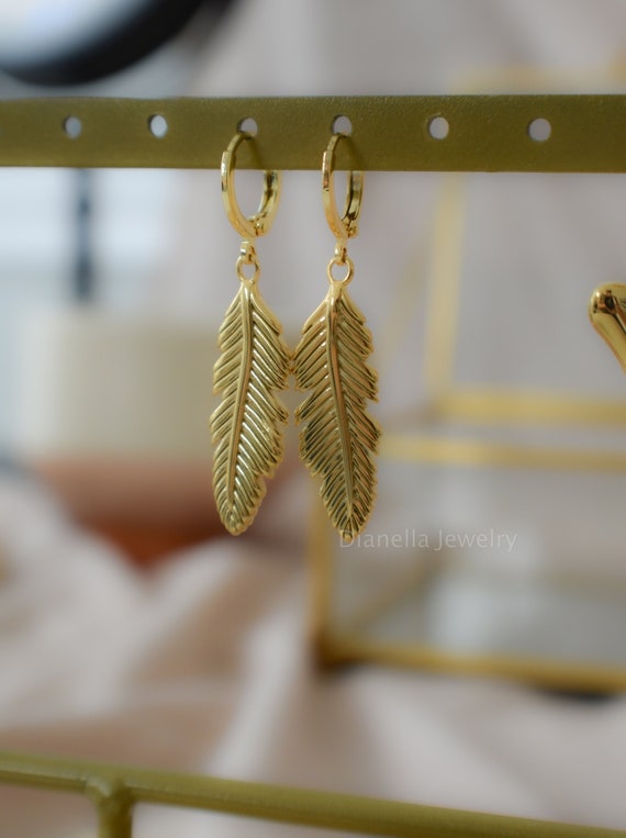 18K Gold Leaf Pendant Hoop Earrings Palm Tree Curry Fern Leaf Earring Necklace Gold Charm Leaves Choker Personalized Gift For Her WATERPROOF
