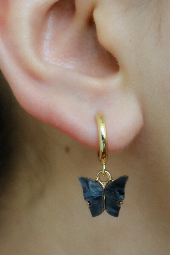 18k Gold Black Butterfly Hoop Black Butterfly Earrings, Huggies Butterfly MARIPOSA Christmas Mothers Day Birthday Girl Gift Handmade Jewelry