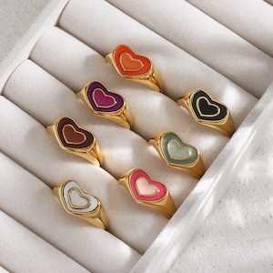 18K Gold Filled Summer Jewelry Colorful Ring, Statement Rings Stainless WATERPROOF Rings Heart Ring Finger Pink Green Red White Black Purple