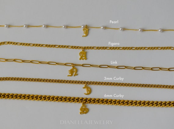 18K Gold Old English Letter Initial Pearl Daily Anklet, Personalized Anklets, Birthday Custom Handmade Homemade WATERPROOF Gift for Girl Her