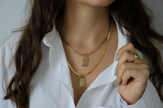 GOLD Square Zodiac Sign Tarot Tapestry Cards Decks Necklace Jewelry Sun Strength Star Moon Luck Stainless Waterproof Mystic Christmas Gift