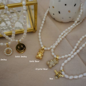 Pearl Charm Necklace, Heart Bee Bear Butterfly Smiley Emoji Necklace Anklet Bracelet Set, Gold Waterproof Women Freshwater Jewelry Best Gift