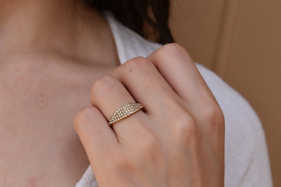 Pave Signet Ring • Gold Filled Band Skinny Wide Ring • Stacking Ring • Diamond Signet Ring • Statement Ring • Gift For Mom WATERPROOF Rings