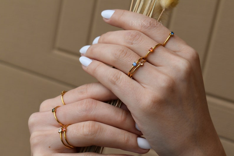 Gold Filled Birthstone Rings, Stacking Ring, Small Minimalist Ring, Zodiac Birthstone Jewelry Brilliant Stone Women Gift for Her WATERPROOF image 6