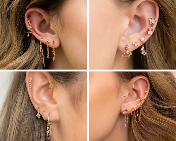 Piercing Earring Set, Twinkle Star Moon Galaxy Stunning Conch Piercing, Diamond Zircon Cartilage Piercing, Helix Earrings, Girl Gift For Her