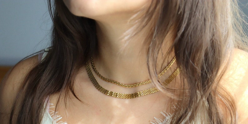 18K GOLD FILLED Vintage Choker Necklace Women Mesh Choker T Bar Charm WATERPROOF Gold Gift Jewelry Non Tarnish Gemstone Zircon Necklace image 3