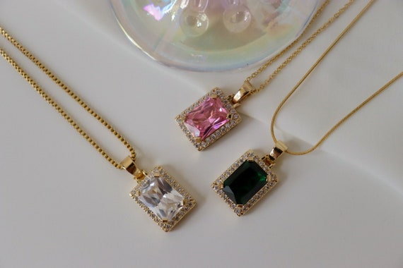 18K Gold Pink Square Pendant European American Rose Pink Zircon Diamond WATERPROOF Jewelry Stainless Steel Waterproof Gold Necklace Her Gift