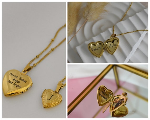 18k Gold Stainless Steel Heart Locket Necklace Vintage Locket Waterproof Necklace Engraved Photo Pendant Personalized Gift Mom Her Him Women