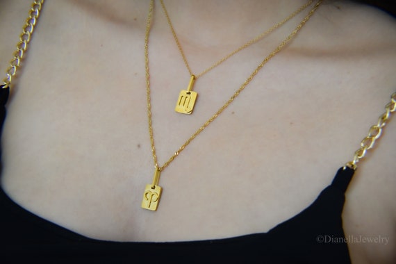 18k Gold Zodiac Birth Sign Necklace · High Polished WATERPROOF Pendant Square Gold Charm Elevated Engraved Personalized Non Tarnish Jewelry