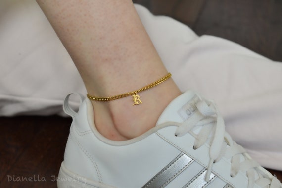 Gold Filled Old English Letter Initial Best Daily Anklet, A E J K L N R S T Custom Anklet, Handmade Best Beach Body Jewelry WATERPROOF Gift